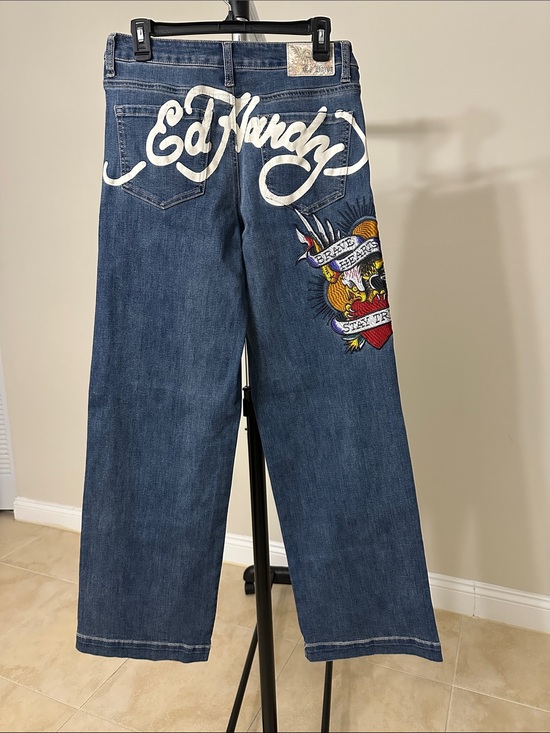 Ed Hardy Denim - Ed Hardy Dark Blue Relaxed Straight-Leg Jeans with Embroidered Graphic